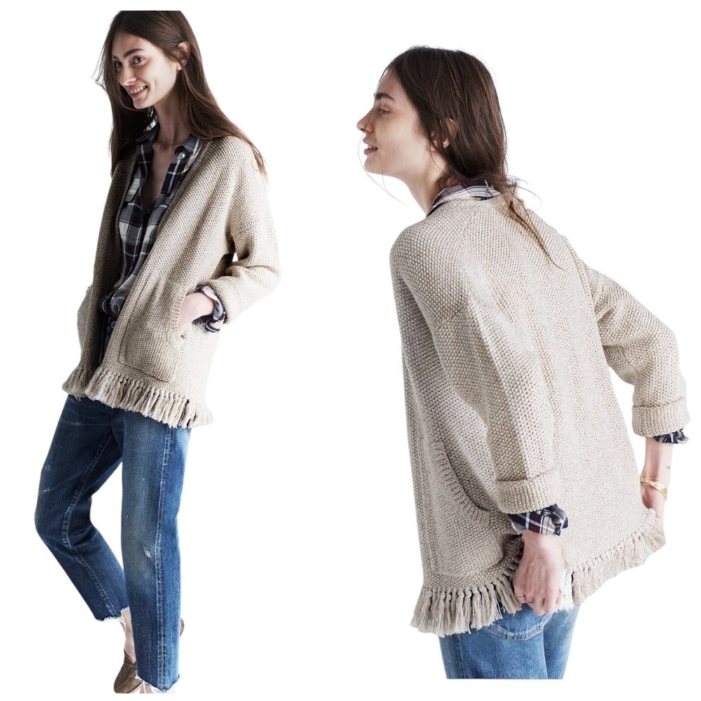MADEWELL | Memento Fringe Cardigan Sweater in Warm Stone Color Size XS